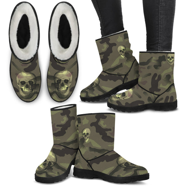 Camo Skull Faux Fur Boots Camouflage with Skulls