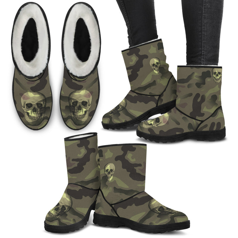 Camo Skull Faux Fur Boots Camouflage with Skulls