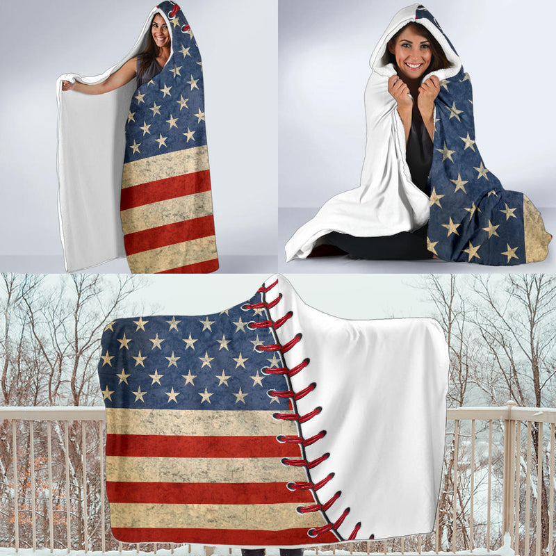 American Flag Baseball Stitch Hooded Blanket